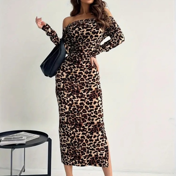 SHEIN• NWOT•Off the Shoulder Leopard Dress• Size L 8/10 - Picture 3 of 3